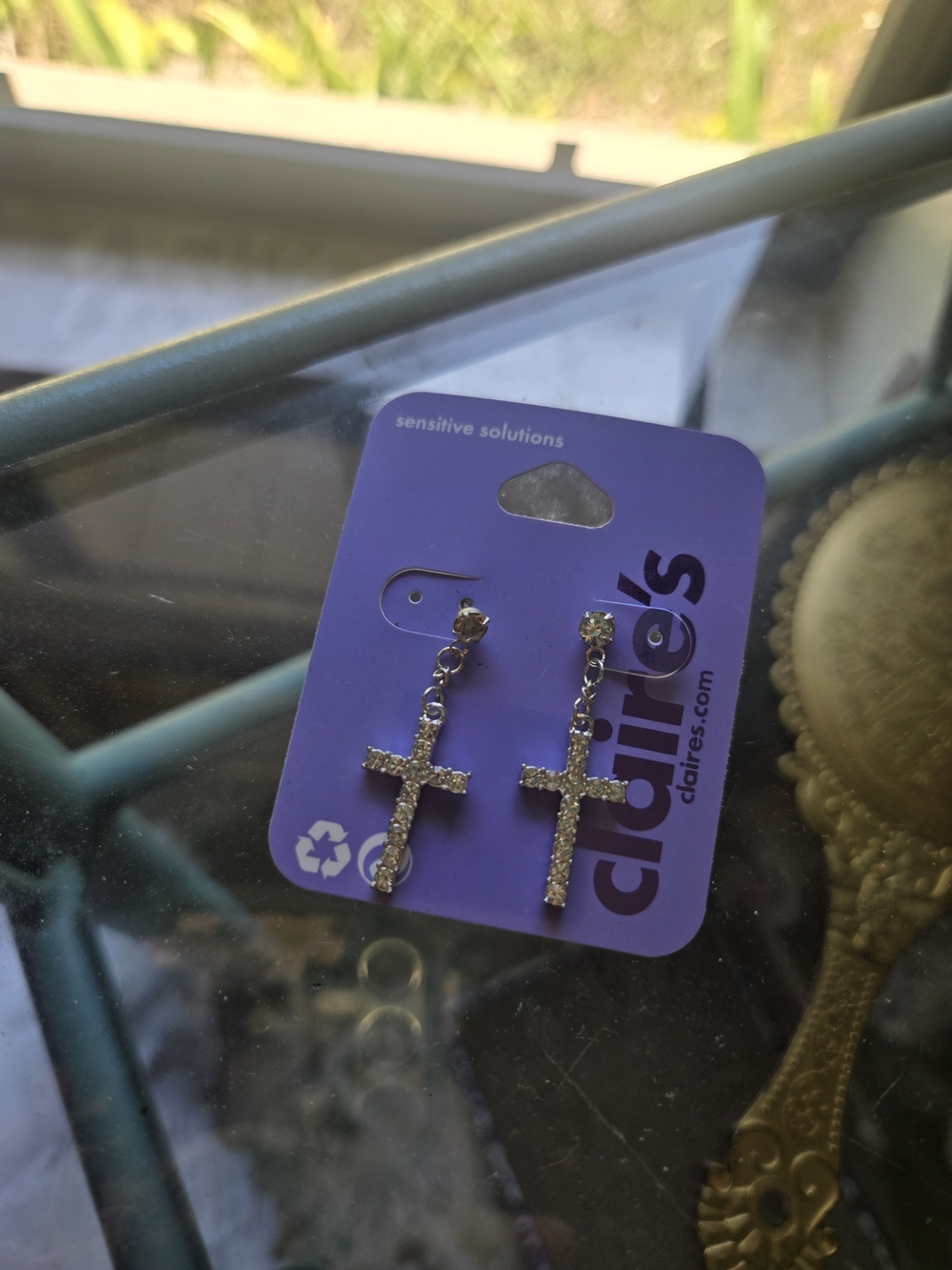 Claire's Crystal Cross Dangle Earrings - Silver